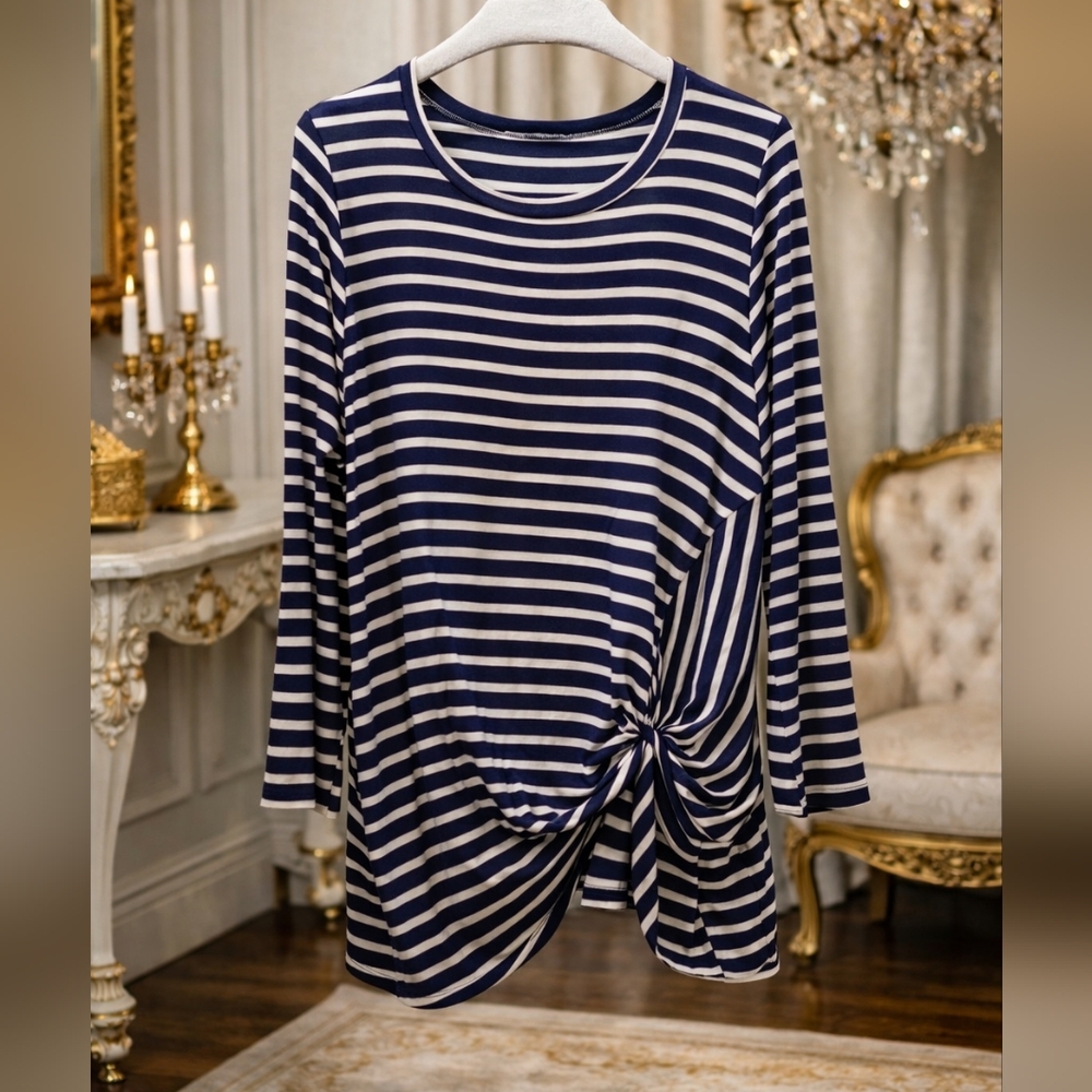 JODIFL Large Navy and Cream Striped Long Sleeve Top
